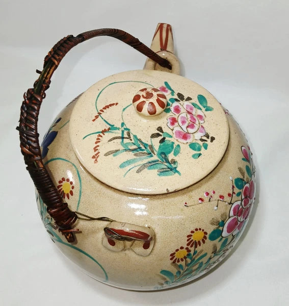 Antique Japanese Yellow Ware Ceramic Famille Rose Raised Enamel Teapot