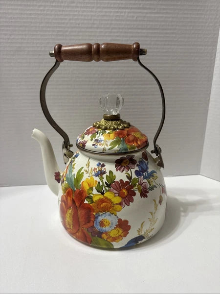 MacKenzie-Childs White Flower Market 3 Quart Qt Tea Kettle Enamel Teapot