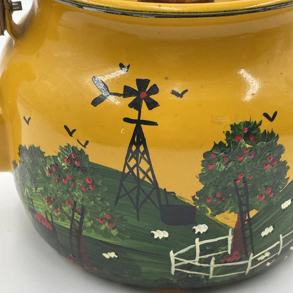 Vtg Hand Painted MCM Yellow Enamel Tea Kettle with Teak Wood Handle and Knob